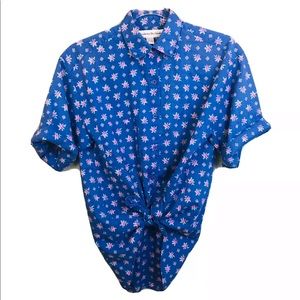 Vintage Blue Button-Down Floral Tie-Front Shirt